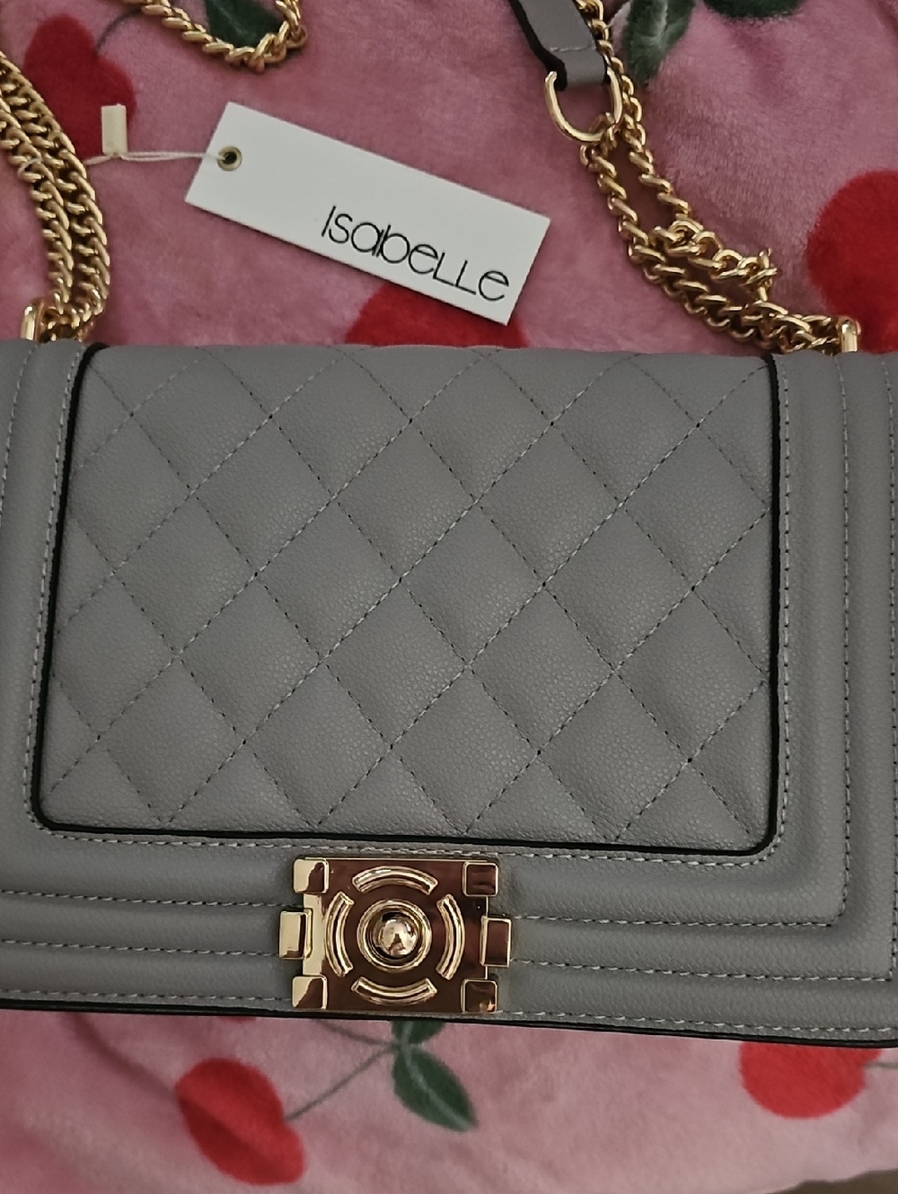 Isabelle Quilted Gray Crossbody Bag with Gold Chain